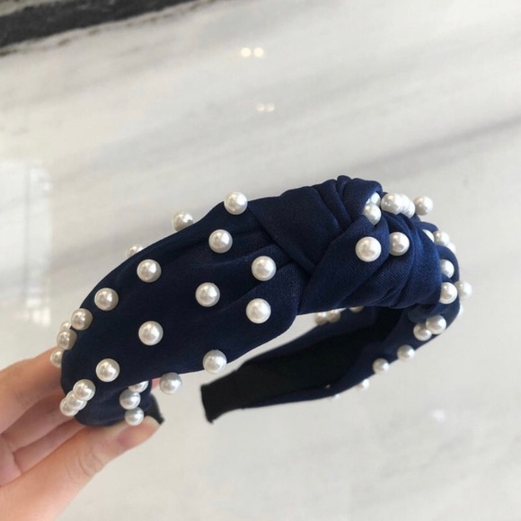 Accessories - Navy Blue Top Knot Pearl Embellished Headband